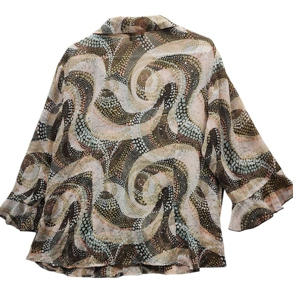 Sarah B Woman Blouse 2X Brown Beige Metallic Shimmer Ruffle Sleeve Button Front - Picture 2 of 11
